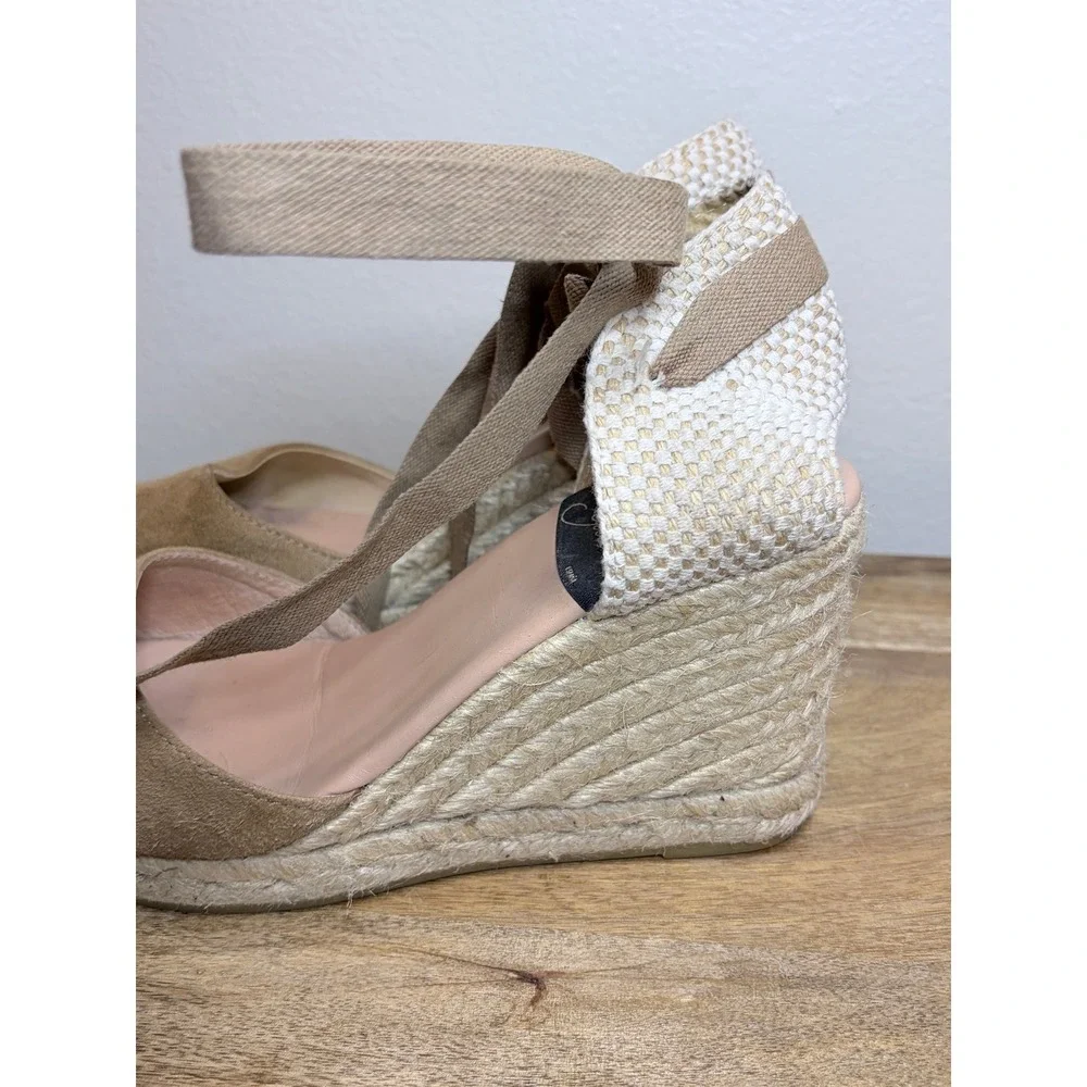 Gaimo Tan Suede Espadrille Wedges Ribbon Ankle Tie Made in Spain EU 37